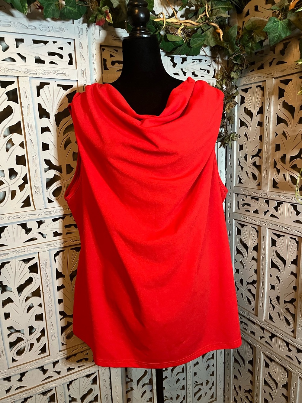 VIBRANT RED WITH DRAPED COWL NECKLINE SLEEVELESS PLUS SIZE TOP